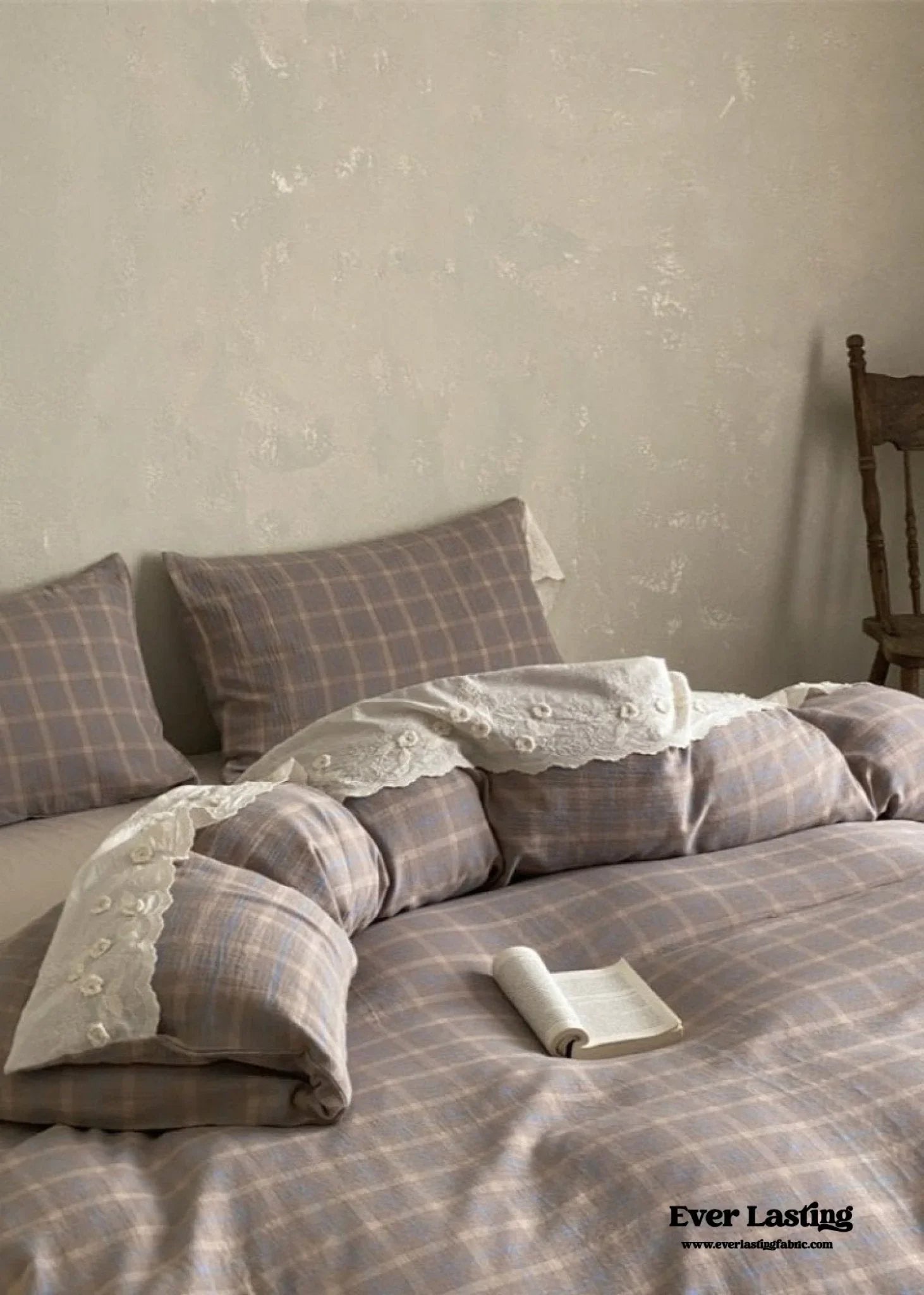 June Lace Double Gauze Gingham Bedding Set / Brown Ever Lasting