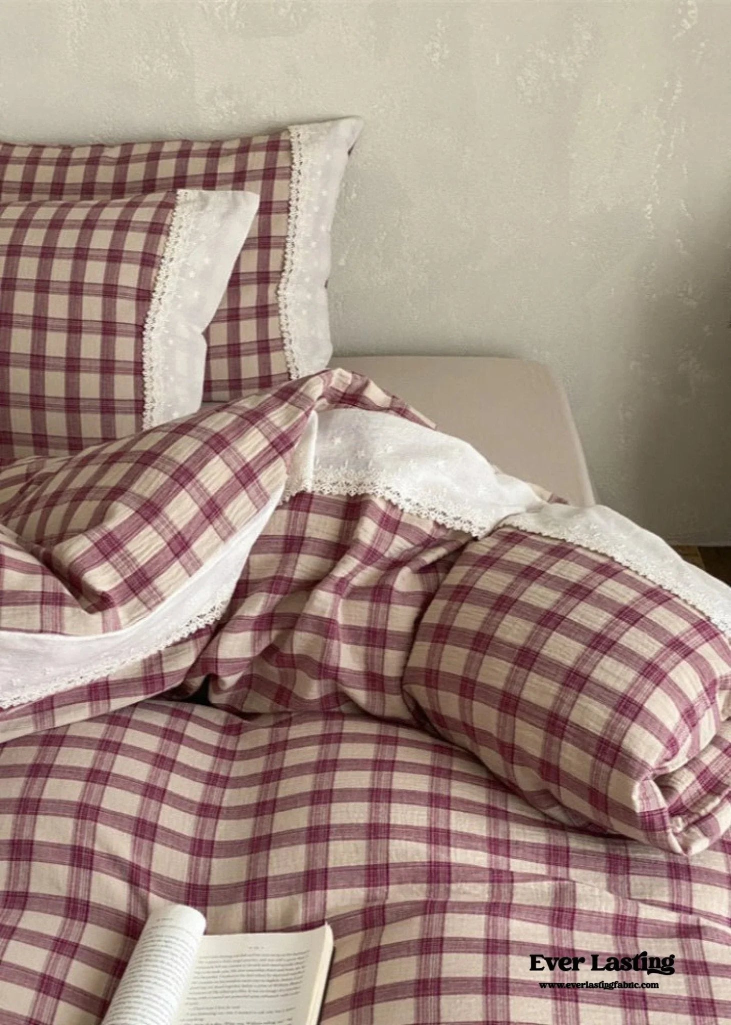 June Lace Double Gauze Gingham Bedding Set / Brown Ever Lasting