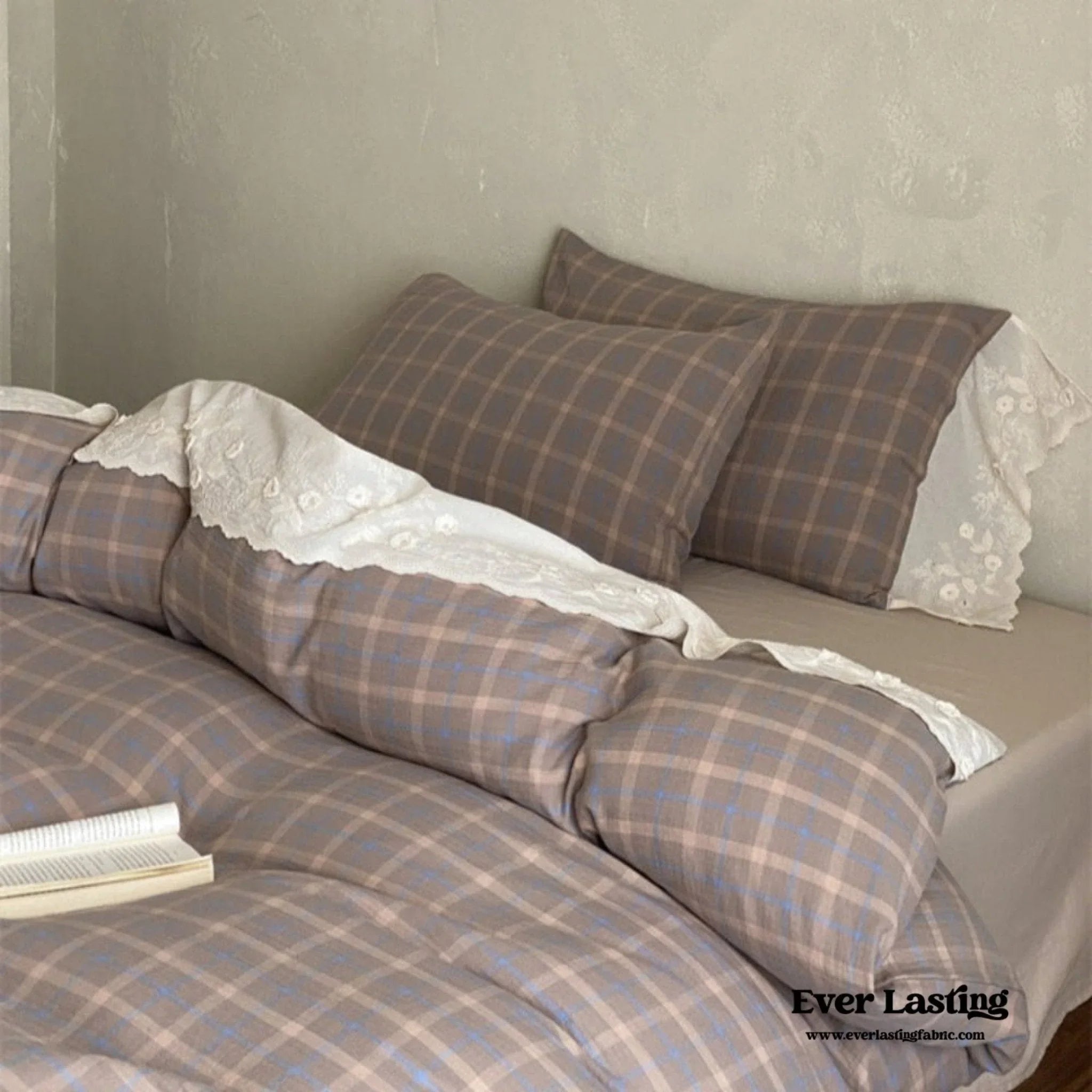 June Lace Double Gauze Gingham Bedding Set / Brown Ever Lasting