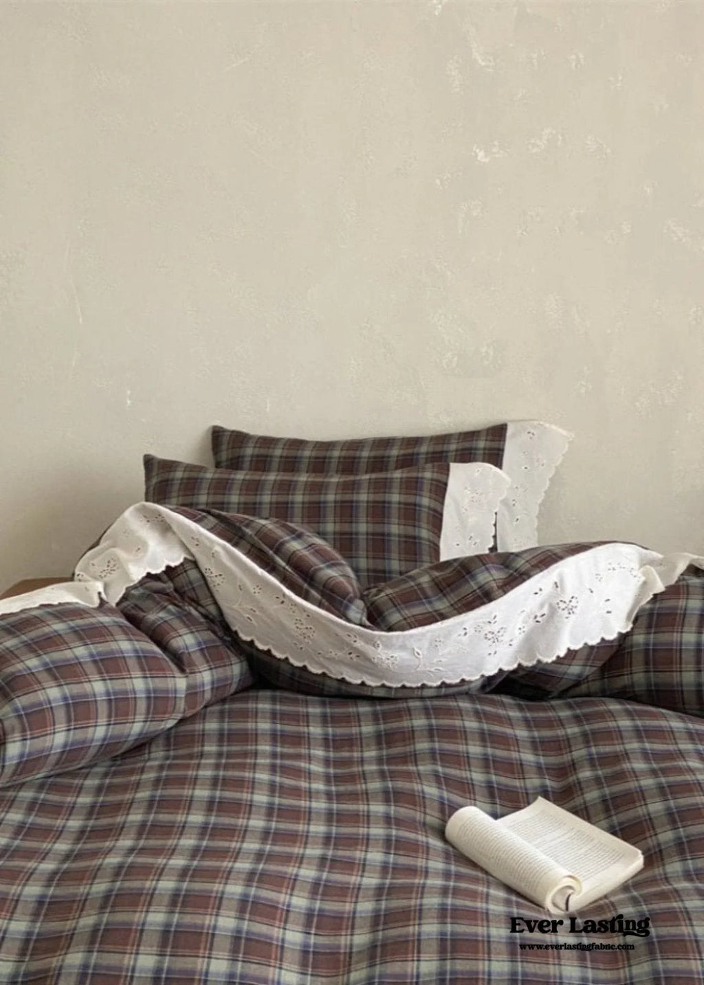 June Lace Double Gauze Gingham Bedding Set / Brown Ever Lasting