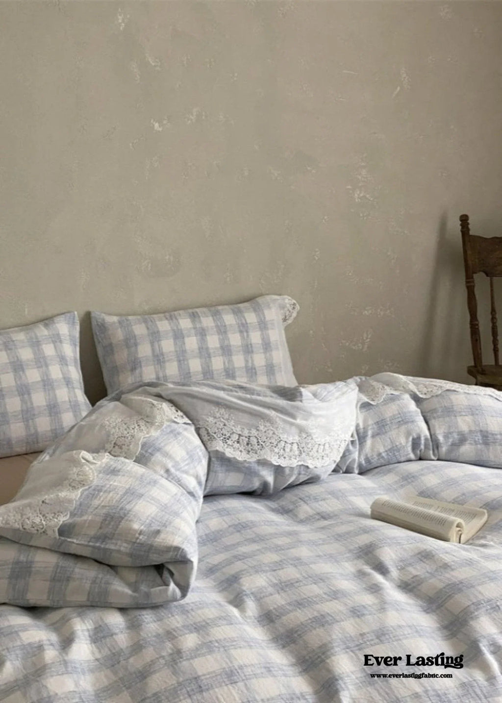 June Lace Double Gauze Gingham Bedding Set / Brown Ever Lasting