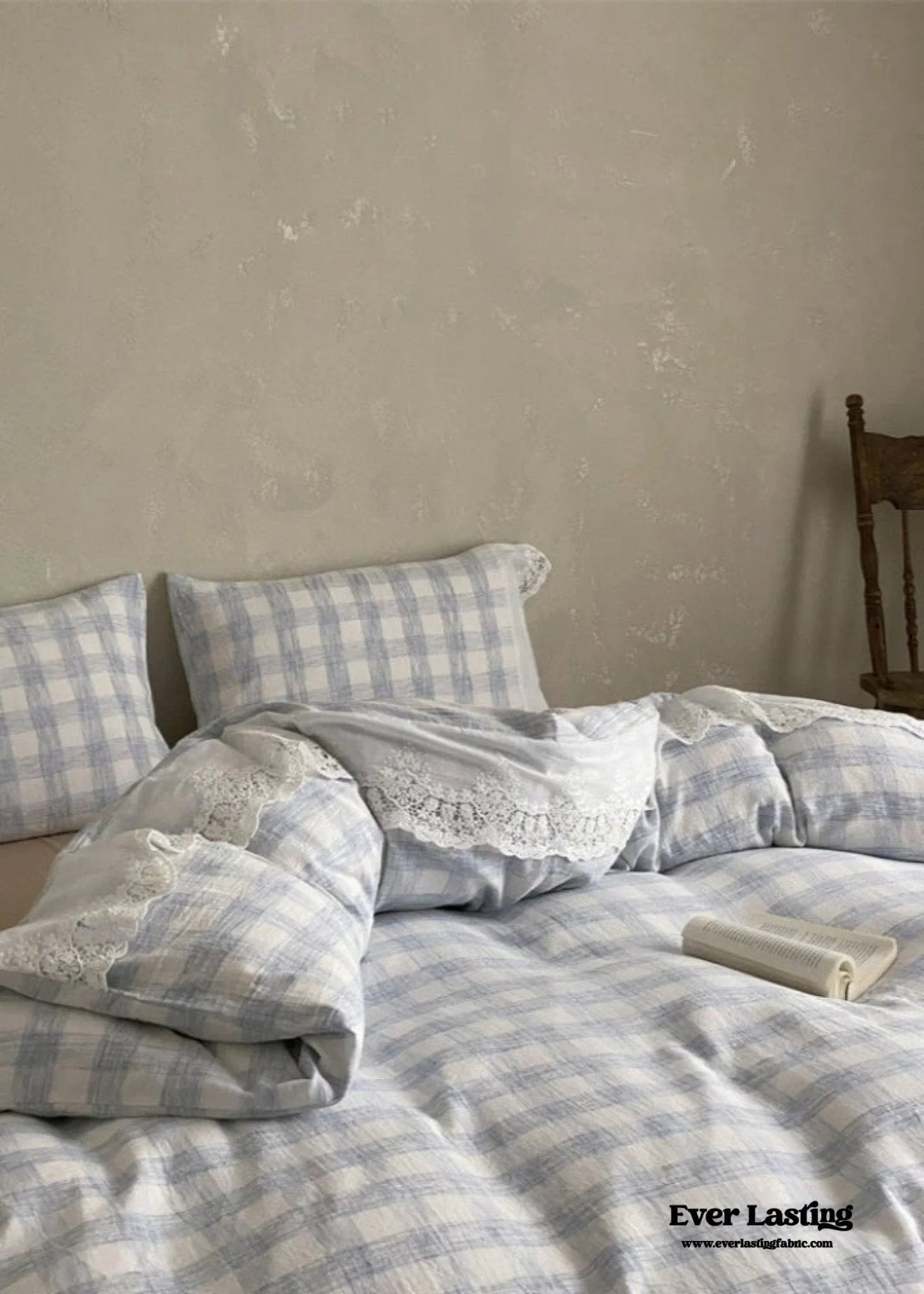 June Lace Double Gauze Gingham Bedding Set / Brown Ever Lasting