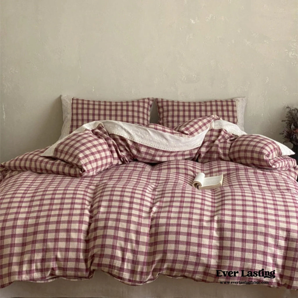 June Lace Double Gauze Gingham Bedding Set / Brown Ever Lasting