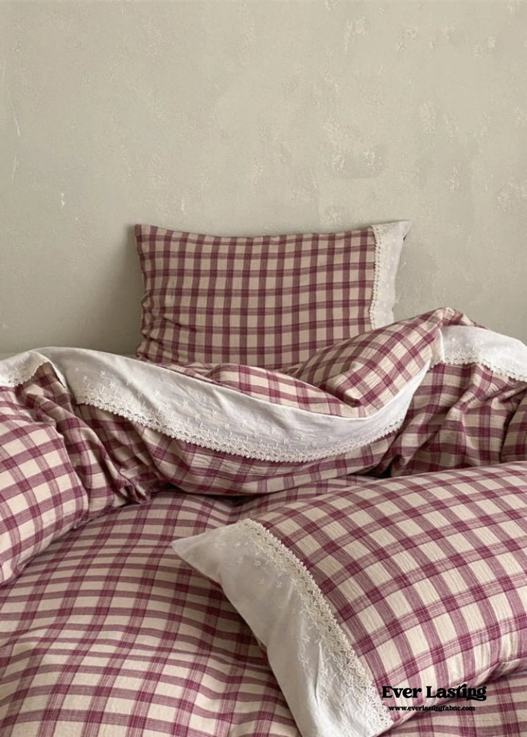 June Lace Double Gauze Gingham Bedding Set / Brown Ever Lasting