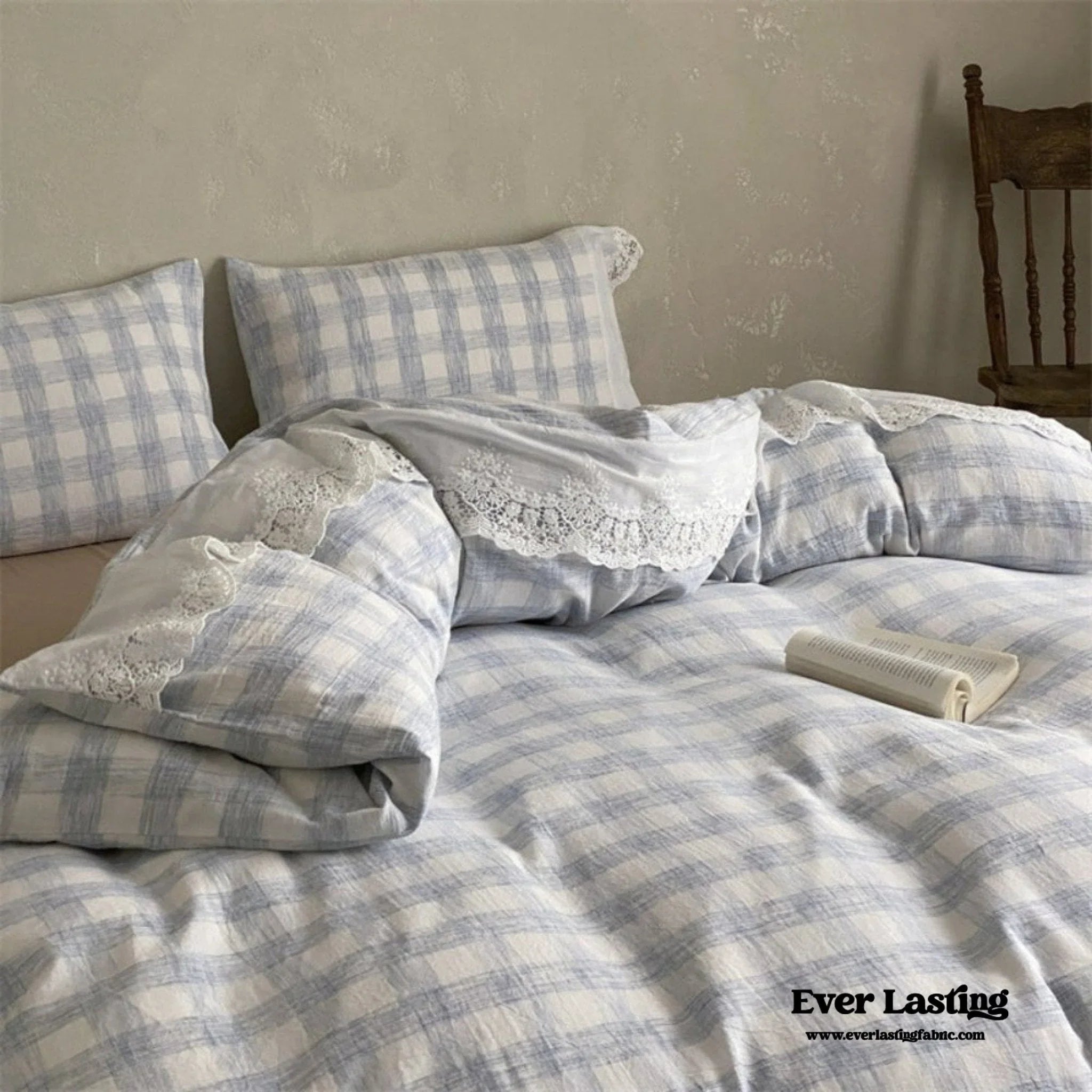 June Lace Double Gauze Gingham Bedding Set / Brown Ever Lasting