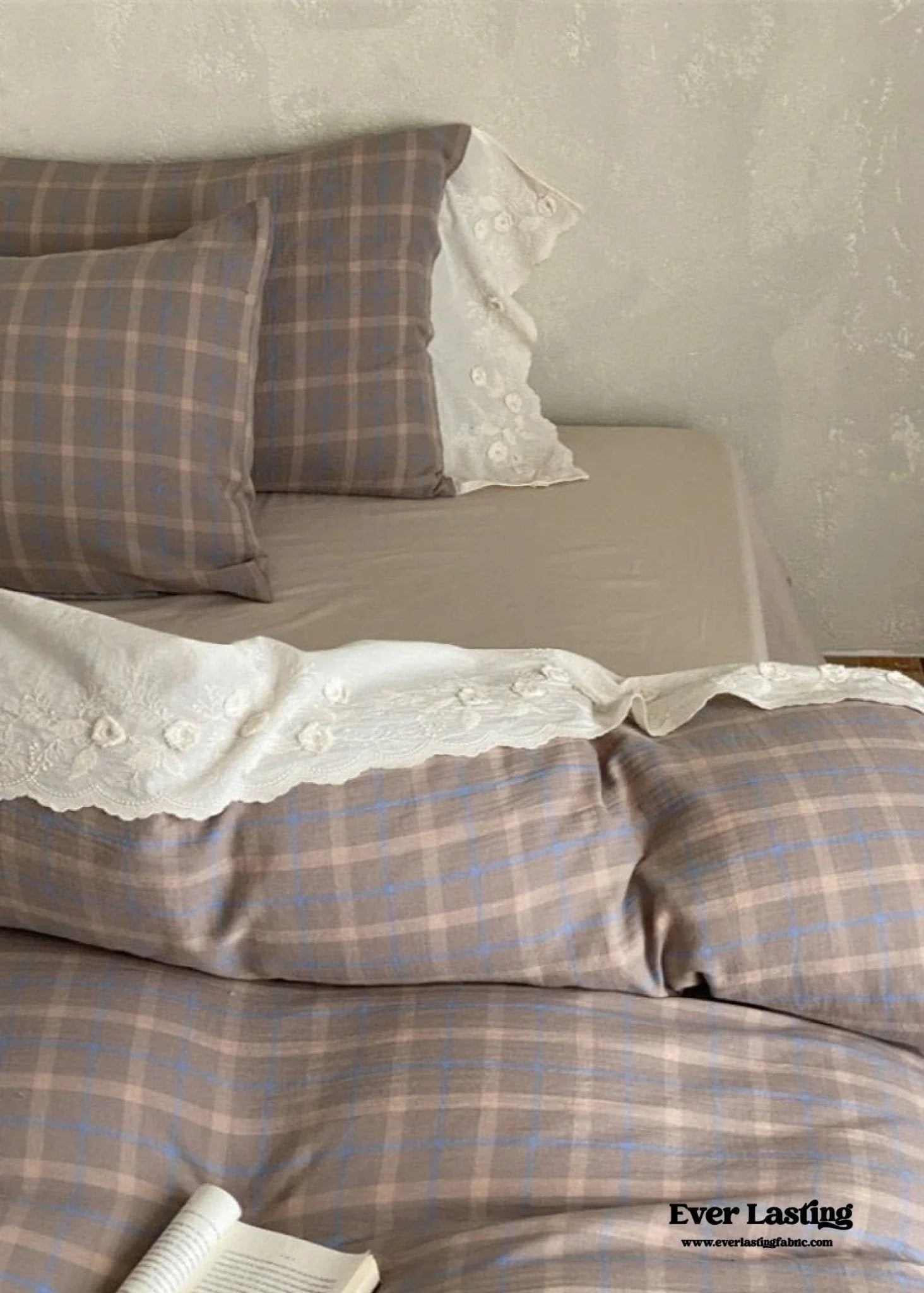 June Lace Double Gauze Gingham Bedding Set / Brown Ever Lasting