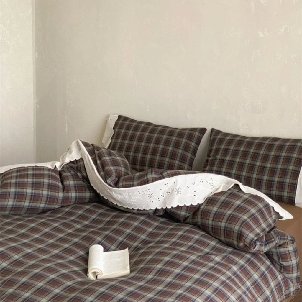 June Lace Double Gauze Gingham Bedding Set / Brown Ever Lasting