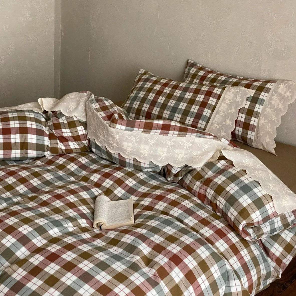 June Lace Double Gauze Gingham Bedding Set / Brown Ever Lasting