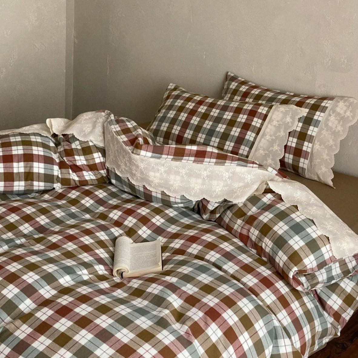 June Lace Double Gauze Gingham Bedding Set / Green Ever Lasting