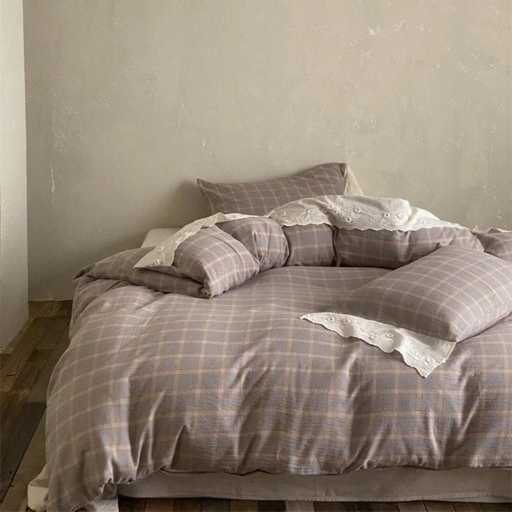 June Lace Double Gauze Gingham Bedding Set / Green Ever Lasting