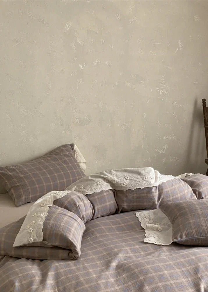 June Lace Double Gauze Gingham Bedding Set / Green Ever Lasting