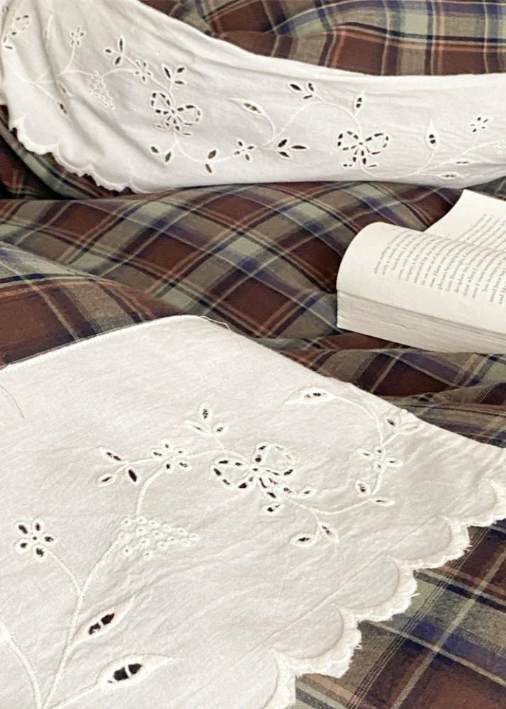 June Lace Double Gauze Gingham Bedding Set / Green Ever Lasting