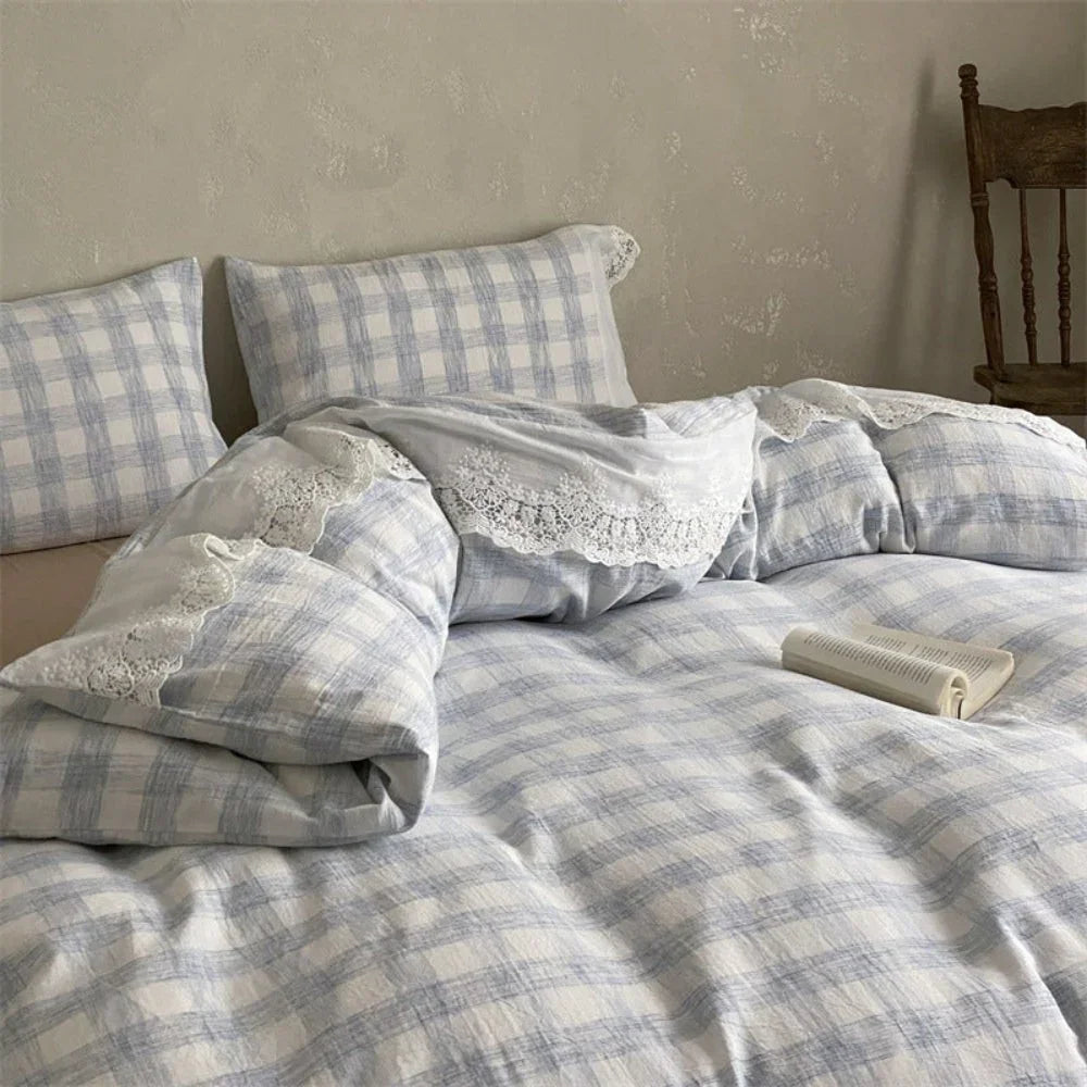 June Lace Double Gauze Gingham Bedding Set / Green Ever Lasting