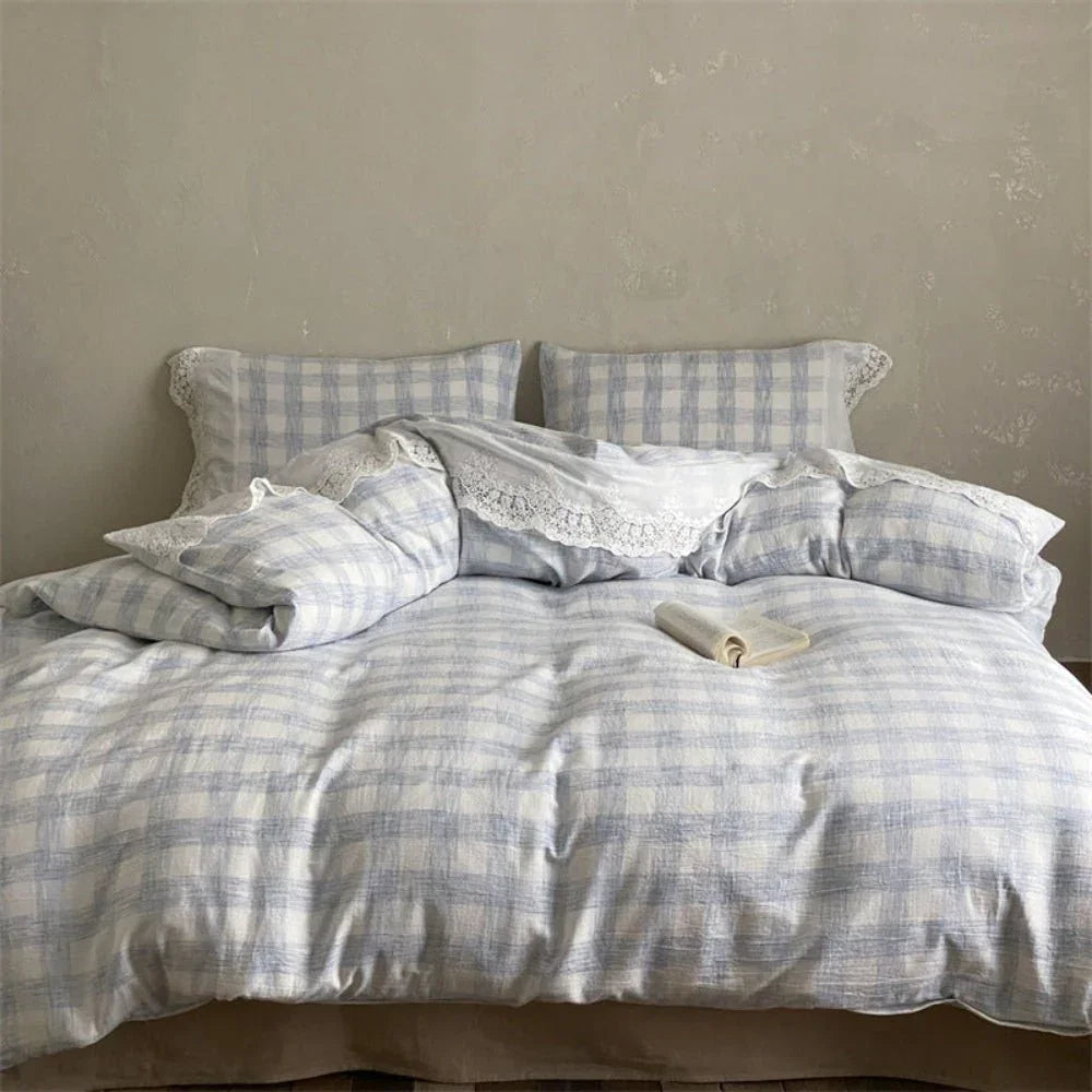 June Lace Double Gauze Gingham Bedding Set / Green Ever Lasting