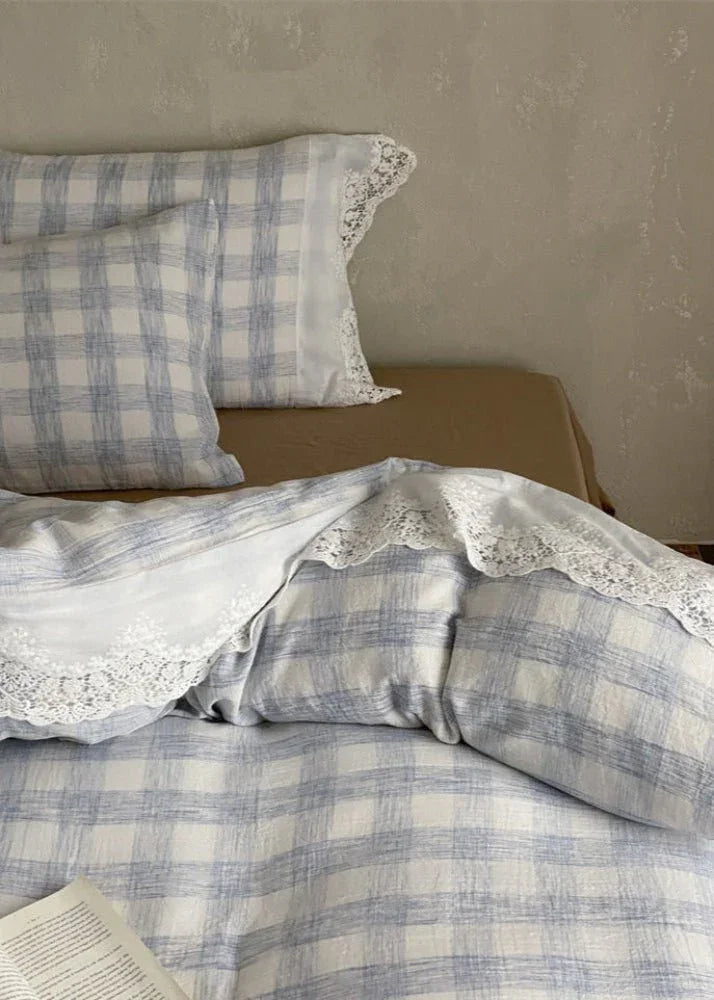 June Lace Double Gauze Gingham Bedding Set / Green Ever Lasting