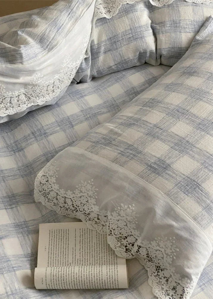 June Lace Double Gauze Gingham Bedding Set / Green Ever Lasting