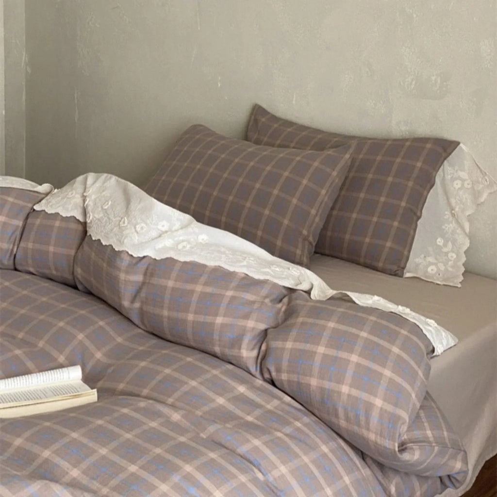 June Lace Double Gauze Gingham Bedding Set / Khaki Ever Lasting