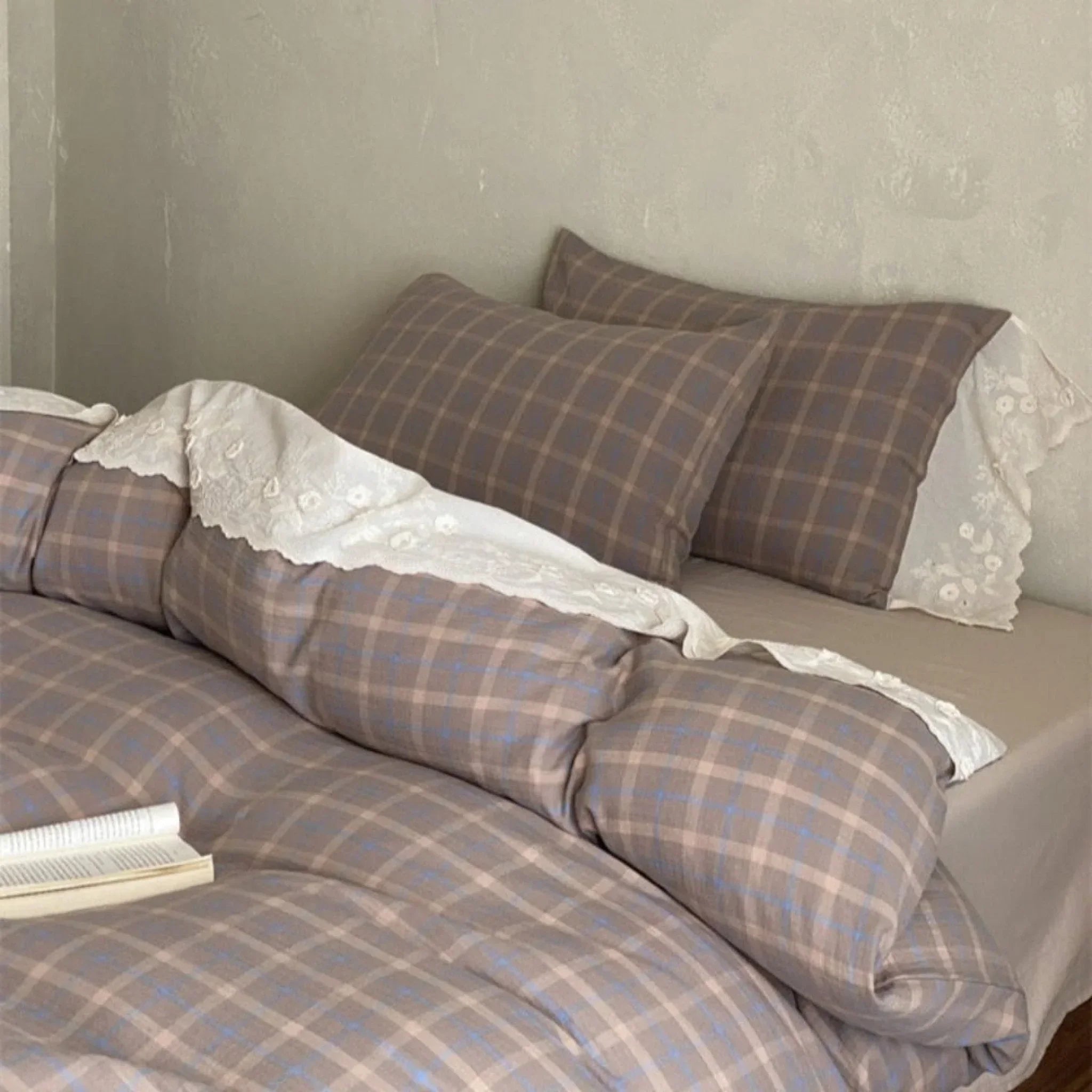 June Lace Double Gauze Gingham Bedding Set / Khaki Ever Lasting