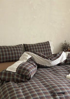 June Lace Double Gauze Gingham Bedding Set / Khaki Ever Lasting