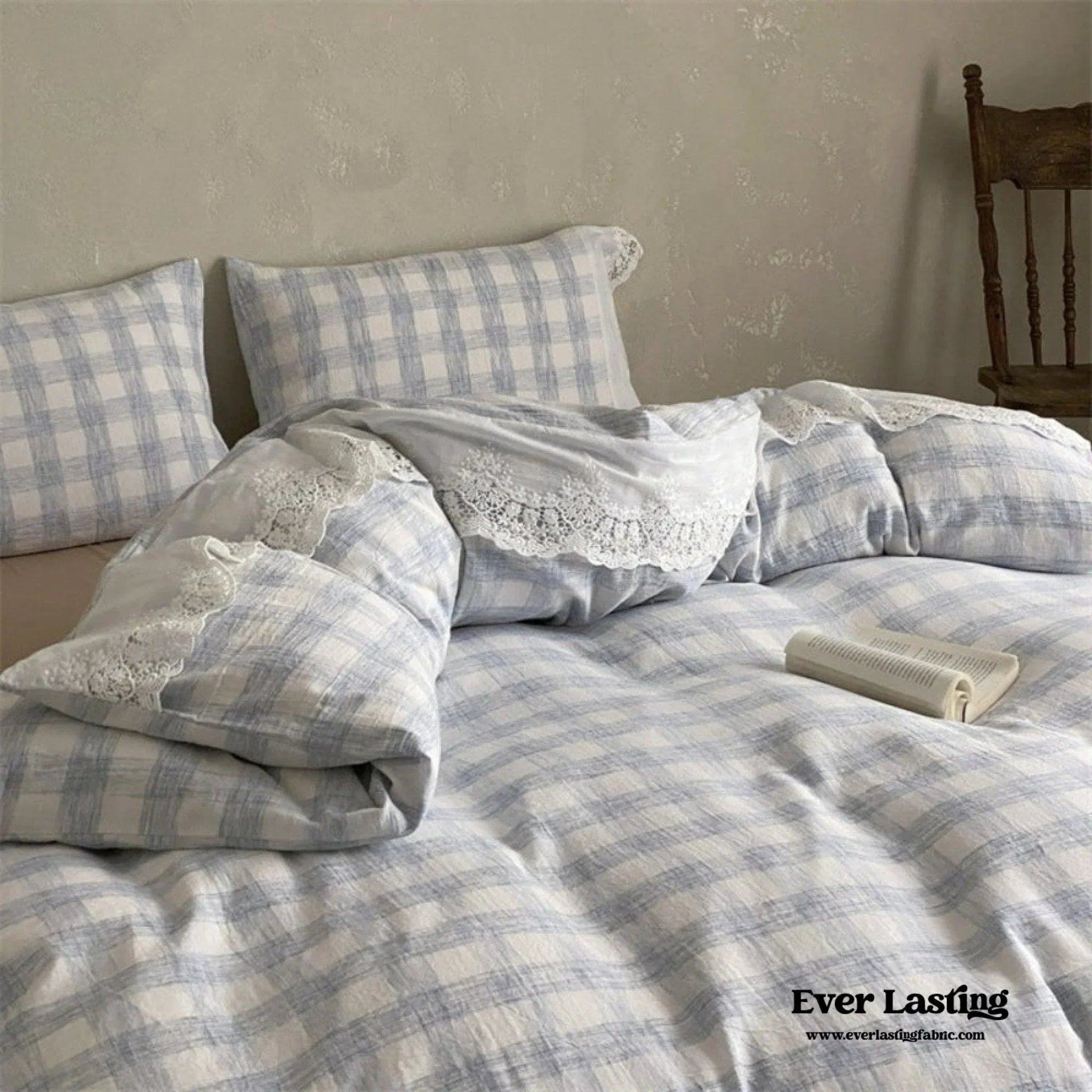 June Lace Double Gauze Gingham Bedding Set / Khaki Ever Lasting