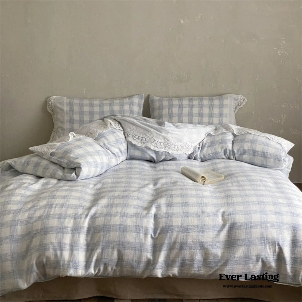 June Lace Double Gauze Gingham Bedding Set / Khaki Ever Lasting
