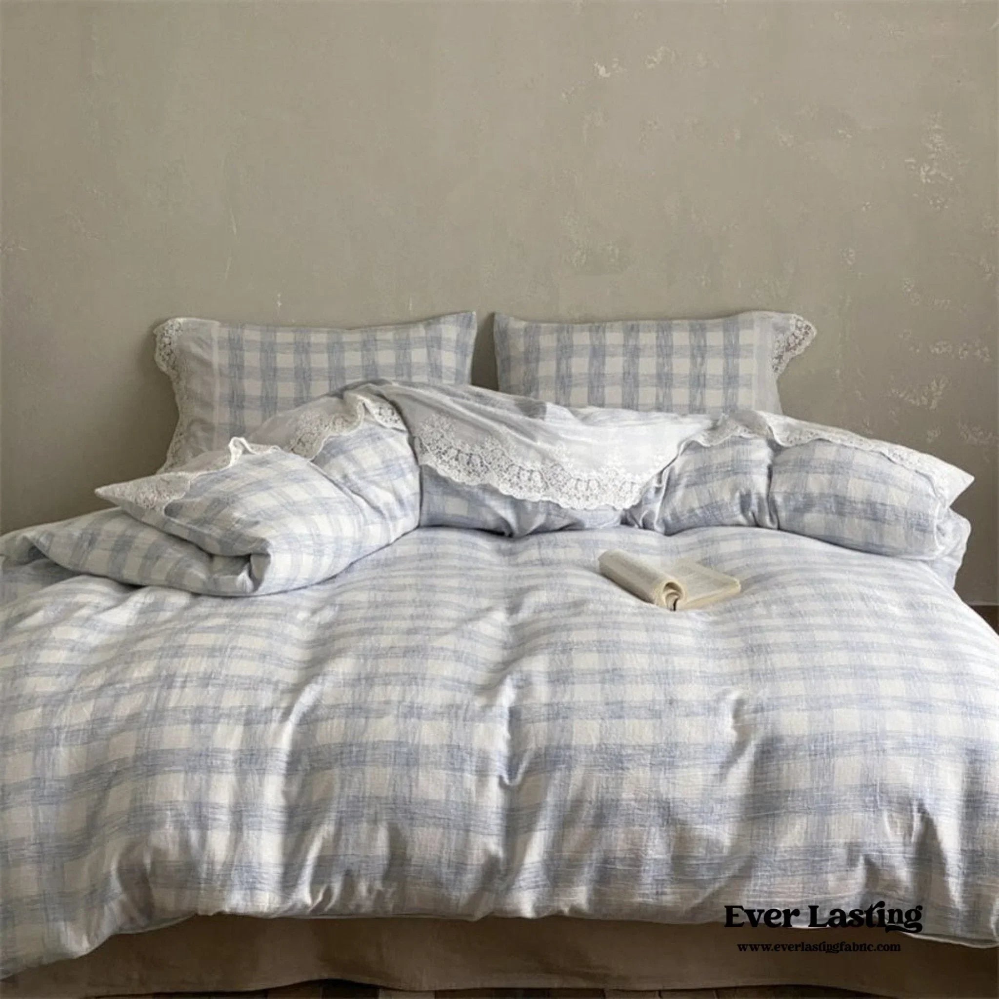 June Lace Double Gauze Gingham Bedding Set / Khaki Ever Lasting