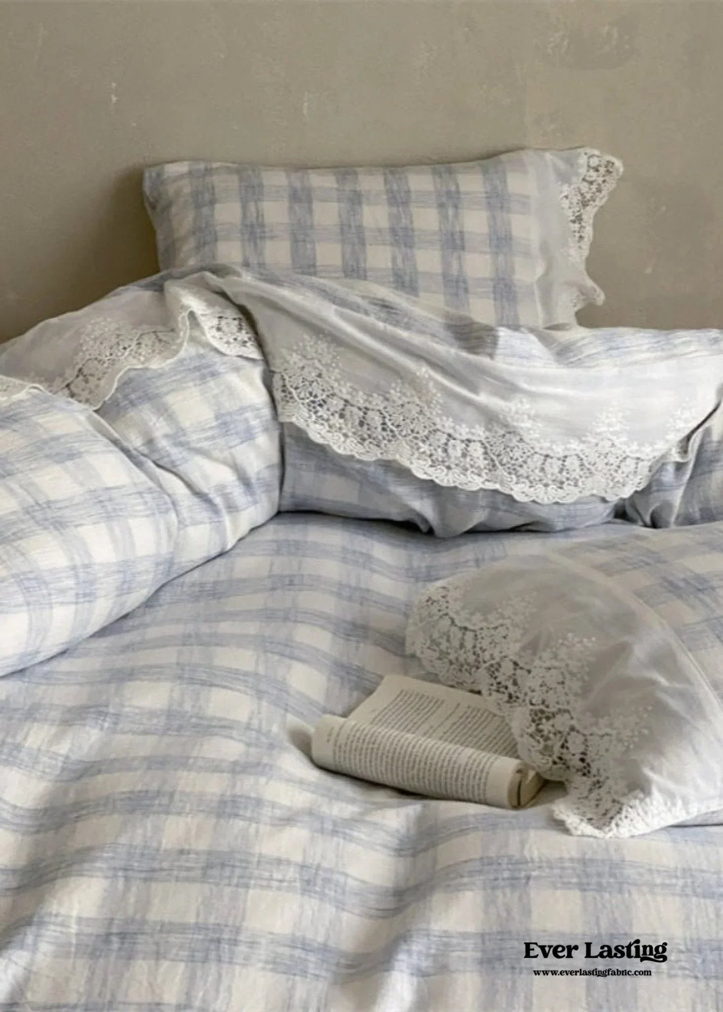 June Lace Double Gauze Gingham Bedding Set / Khaki Ever Lasting