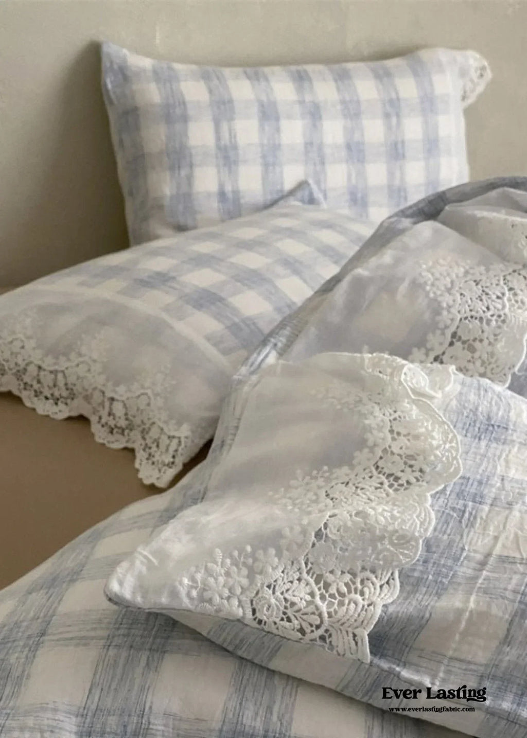 June Lace Double Gauze Gingham Bedding Set / Khaki Ever Lasting