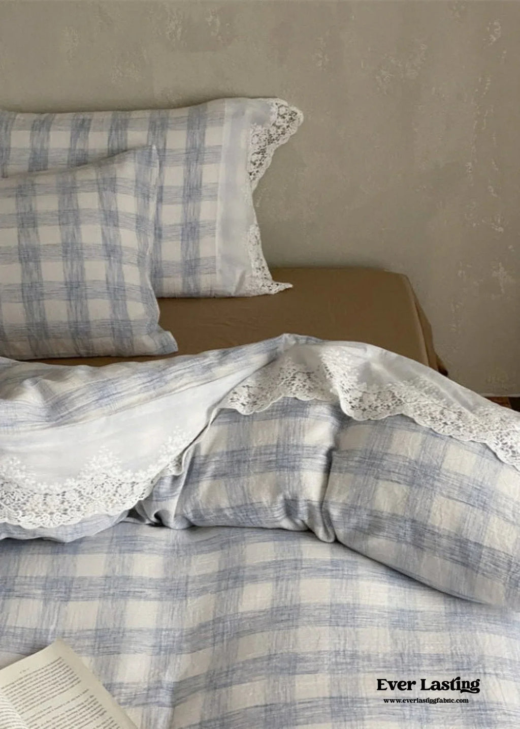 June Lace Double Gauze Gingham Bedding Set / Khaki Ever Lasting