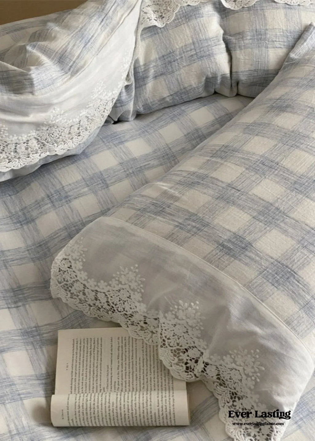June Lace Double Gauze Gingham Bedding Set / Khaki Ever Lasting