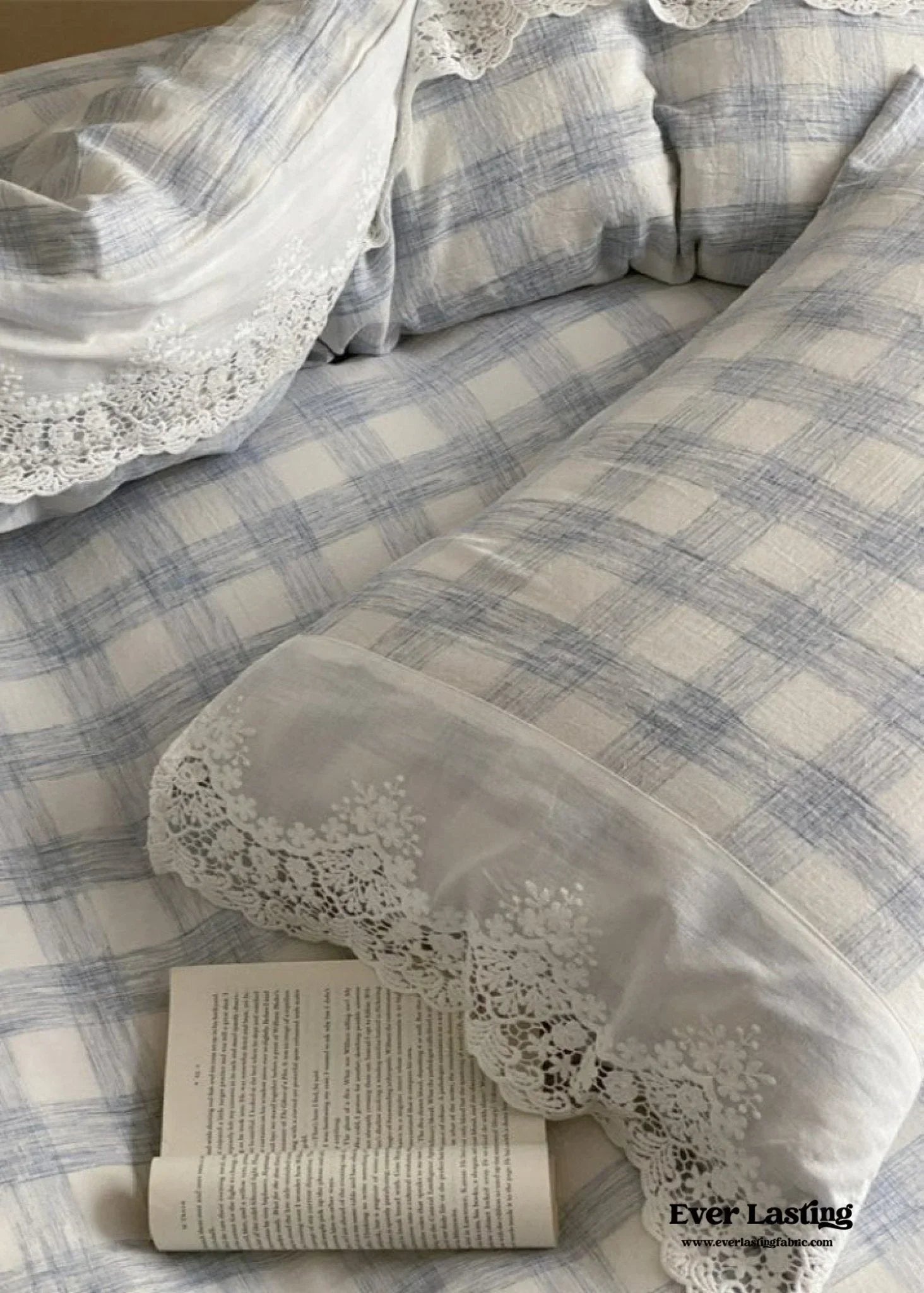June Lace Double Gauze Gingham Bedding Set / Khaki Ever Lasting