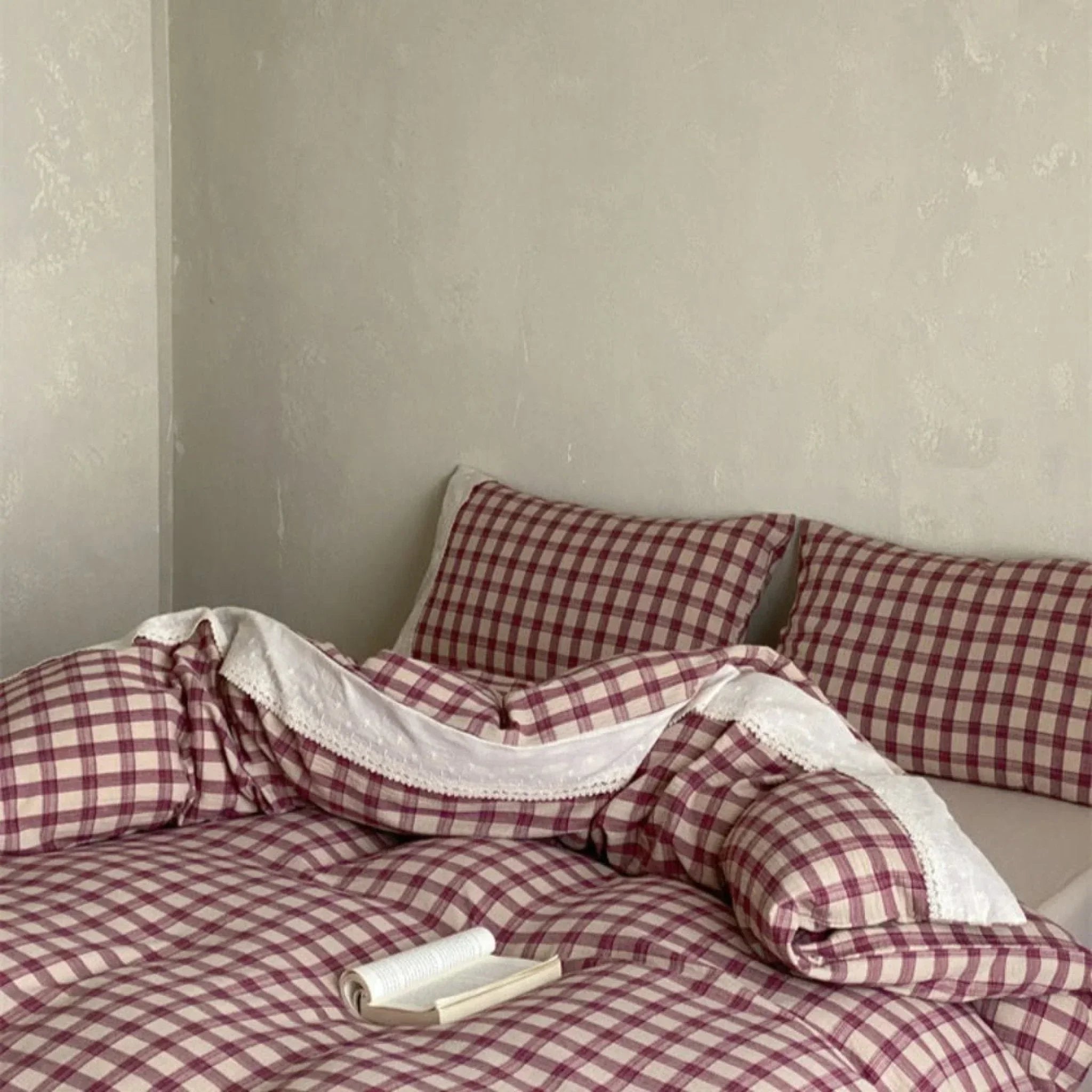 June Lace Double Gauze Gingham Bedding Set / Khaki Ever Lasting