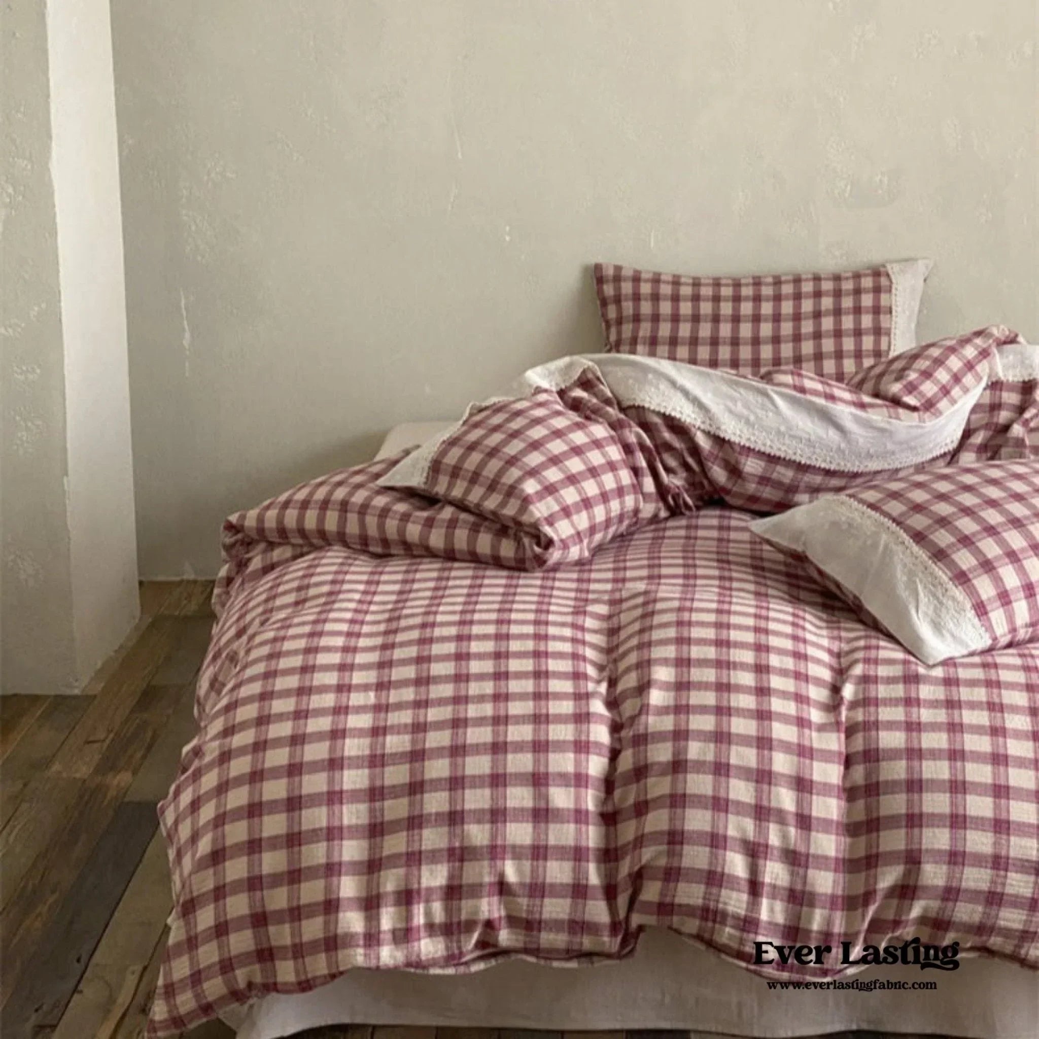 June Lace Double Gauze Gingham Bedding Set / Khaki Ever Lasting