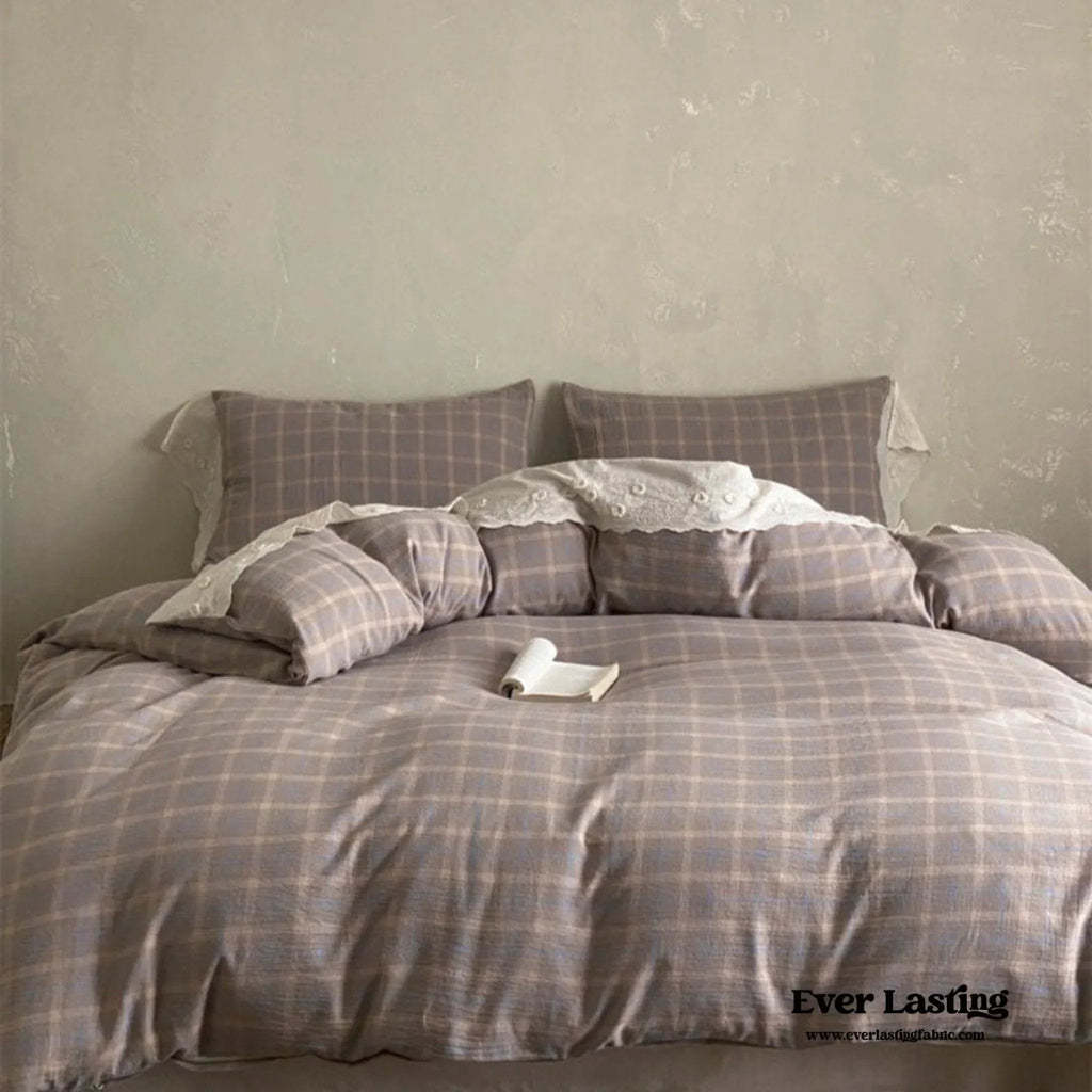June Lace Double Gauze Gingham Bedding Set / Khaki Ever Lasting