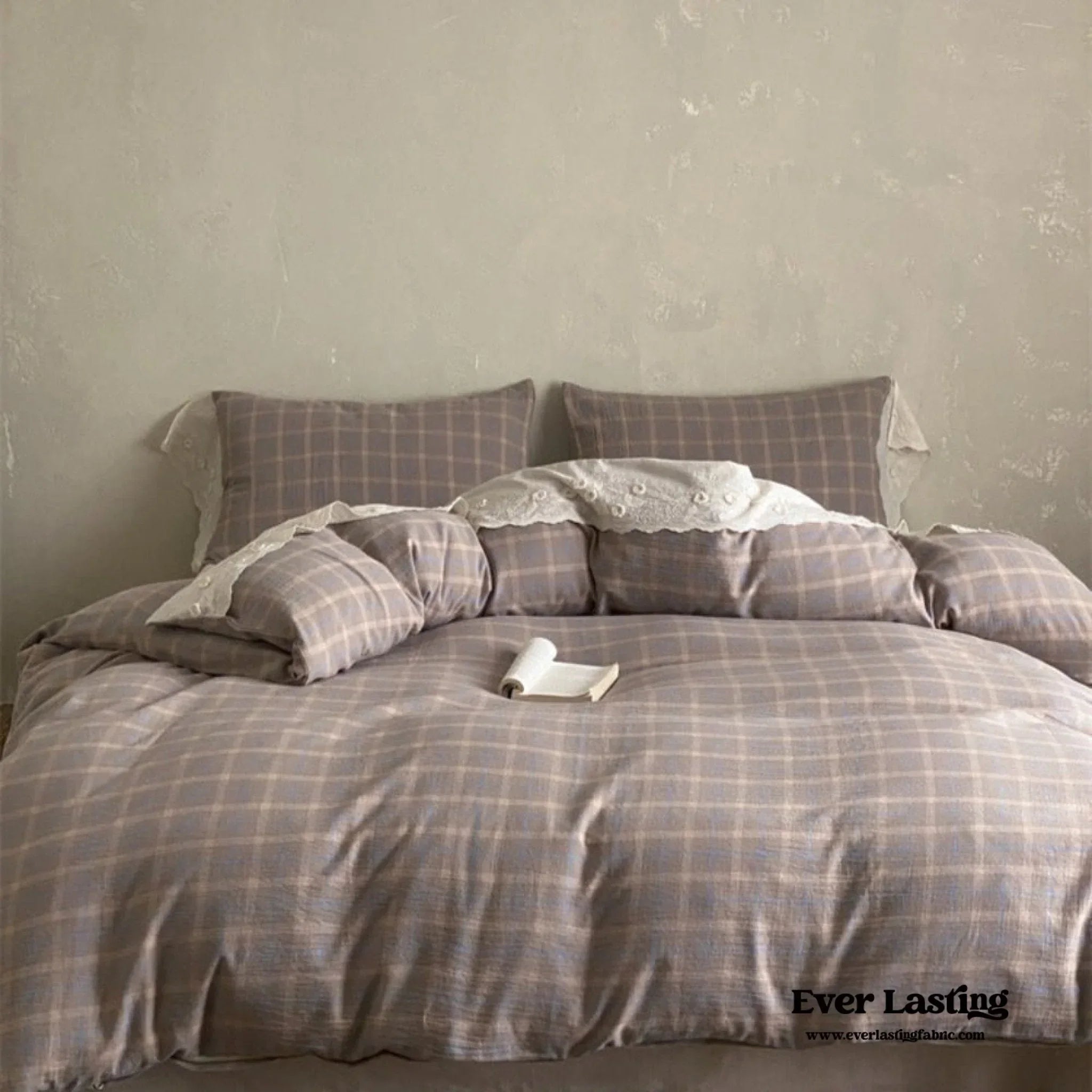 June Lace Double Gauze Gingham Bedding Set / Khaki Ever Lasting