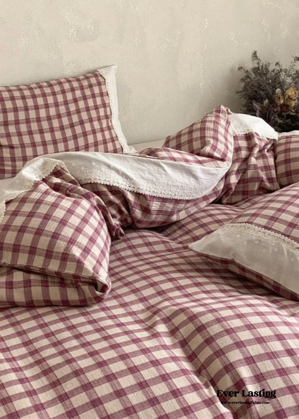 June Lace Double Gauze Gingham Bedding Set / Khaki Ever Lasting