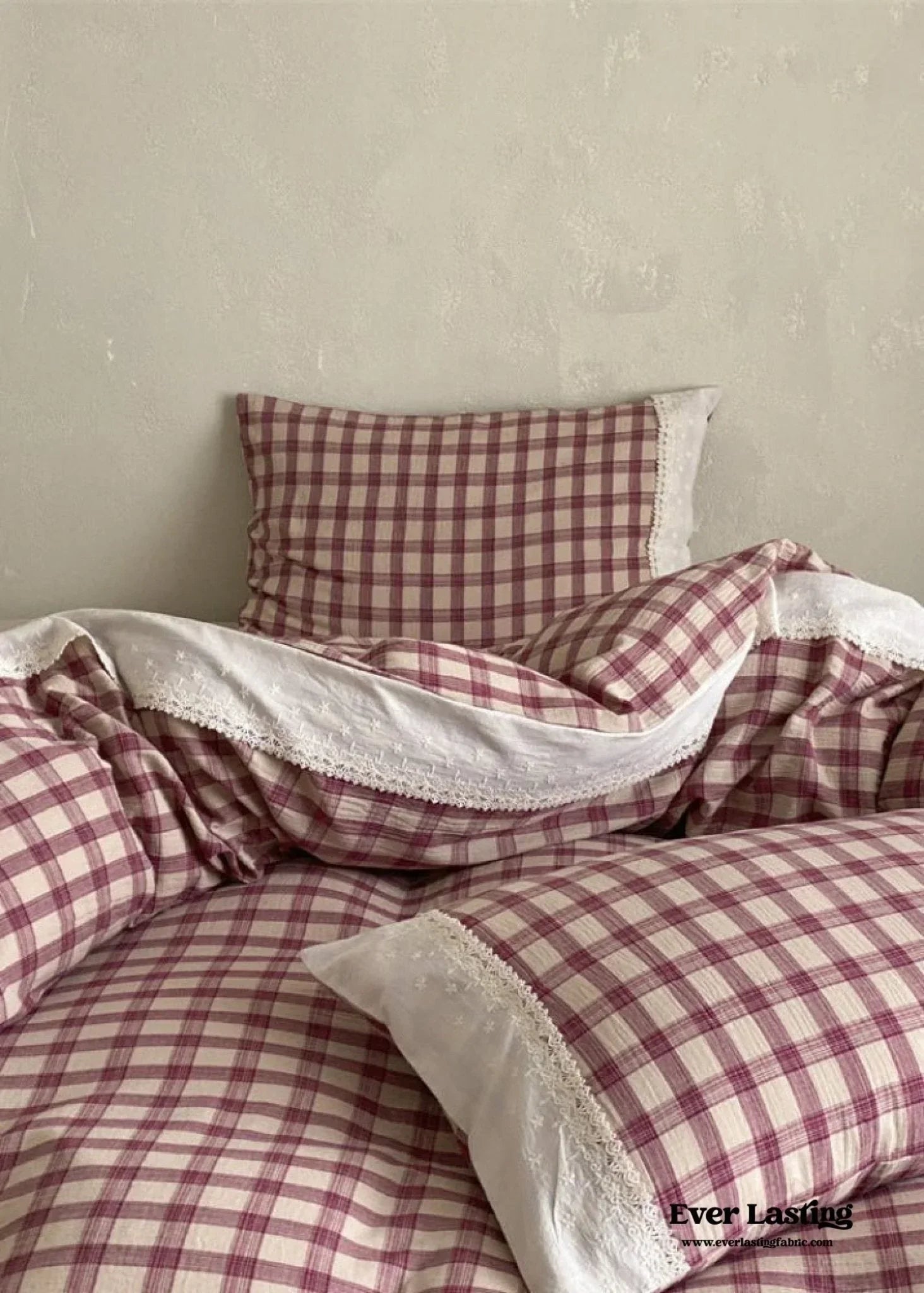 June Lace Double Gauze Gingham Bedding Set / Khaki Ever Lasting