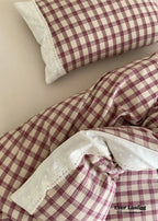 June Lace Double Gauze Gingham Bedding Set / Khaki Ever Lasting