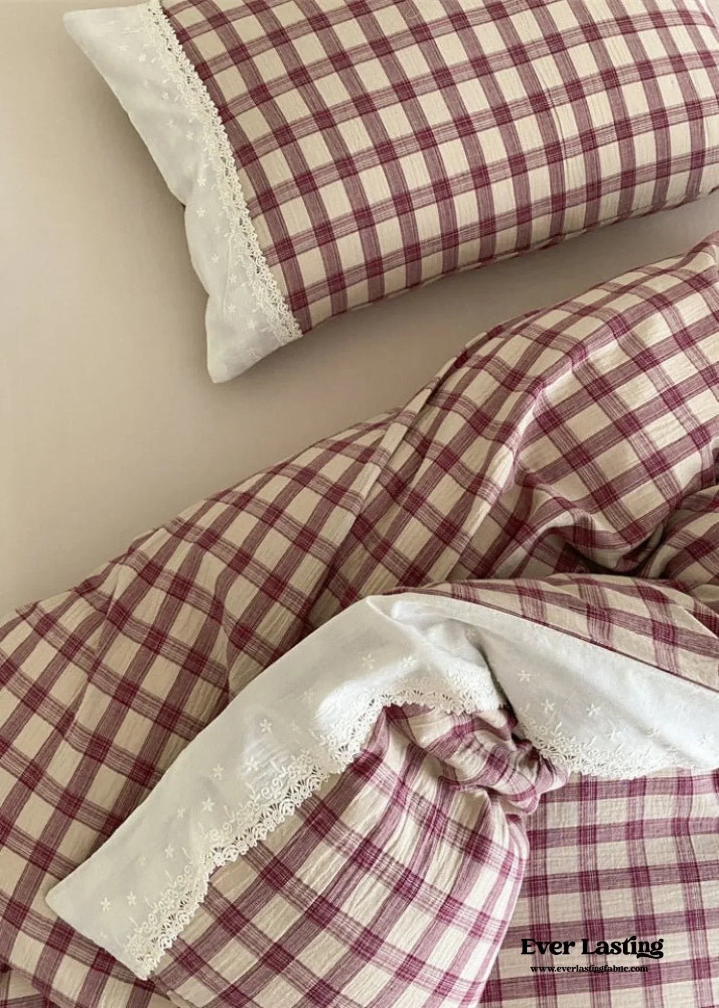 June Lace Double Gauze Gingham Bedding Set / Khaki Ever Lasting