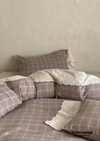 June Lace Double Gauze Gingham Bedding Set / Khaki Ever Lasting