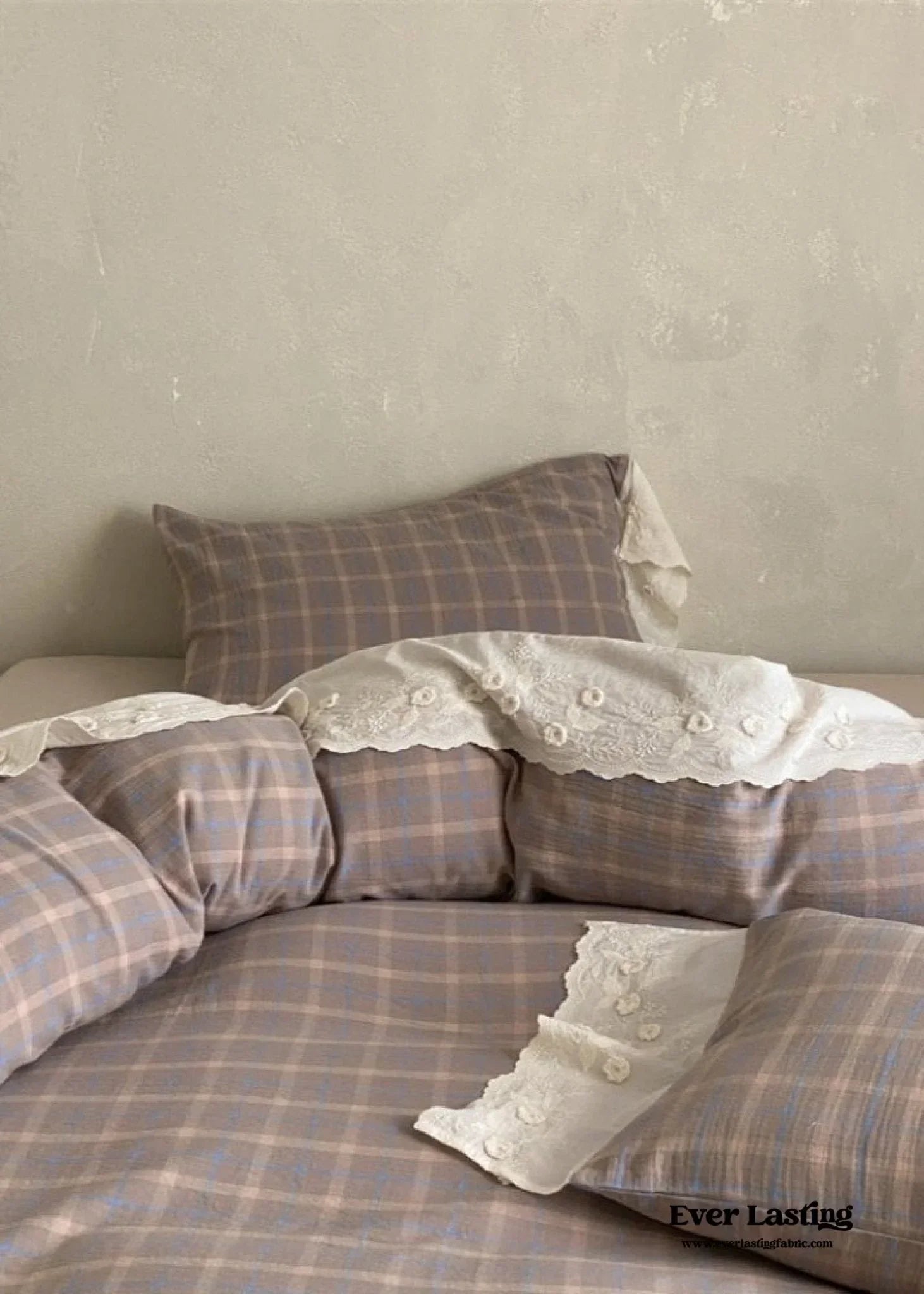 June Lace Double Gauze Gingham Bedding Set / Khaki Ever Lasting