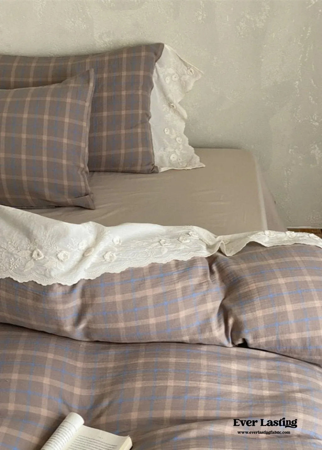 June Lace Double Gauze Gingham Bedding Set / Khaki Ever Lasting