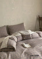 June Lace Double Gauze Gingham Bedding Set / Khaki Ever Lasting