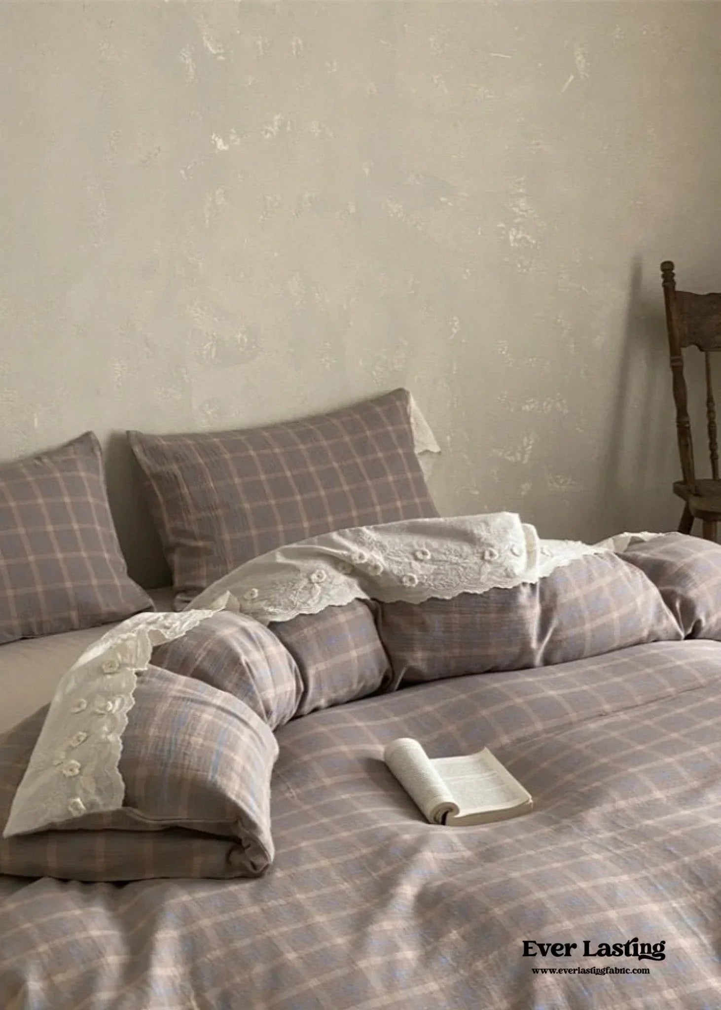 June Lace Double Gauze Gingham Bedding Set / Khaki Ever Lasting