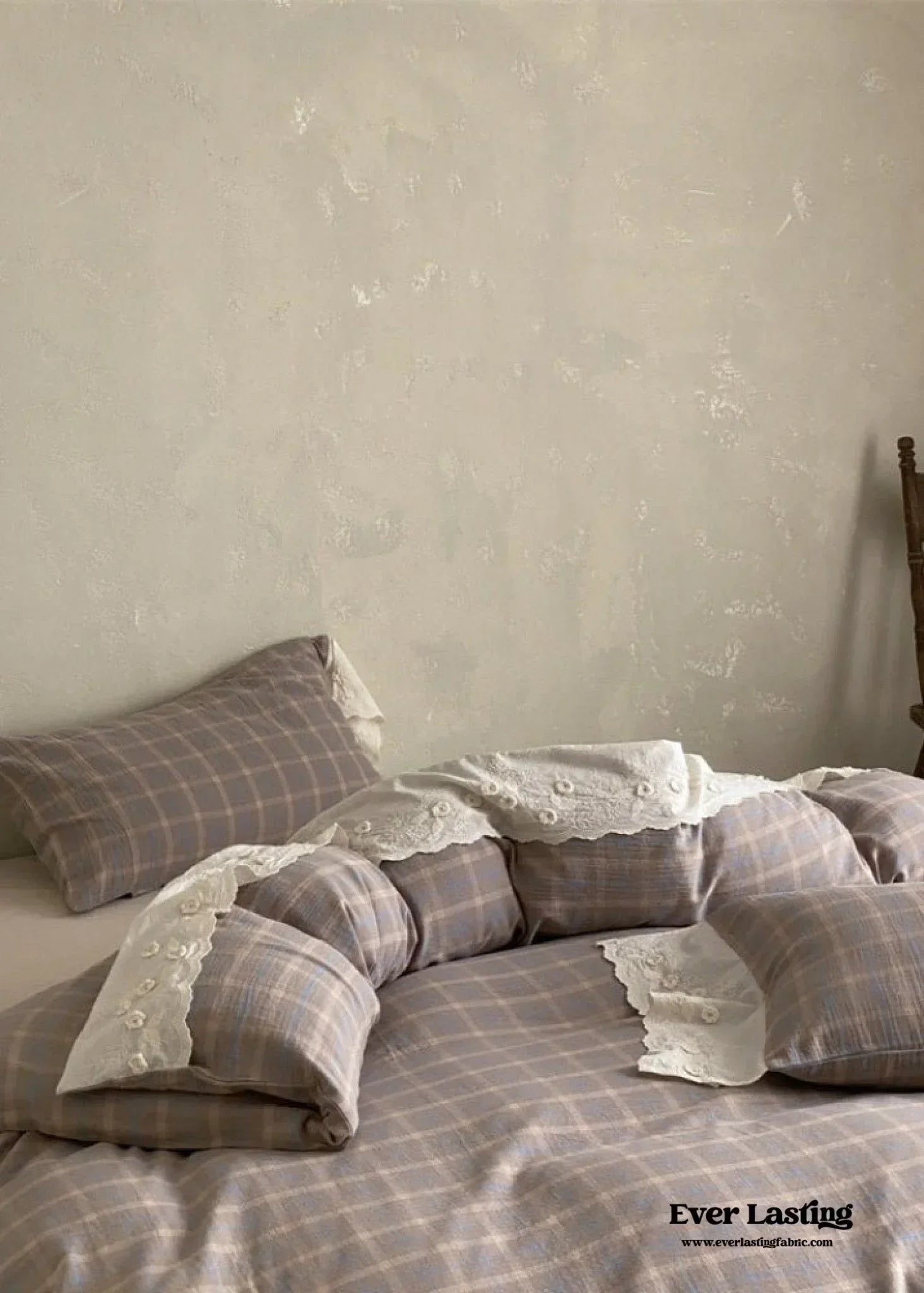June Lace Double Gauze Gingham Bedding Set / Khaki Ever Lasting