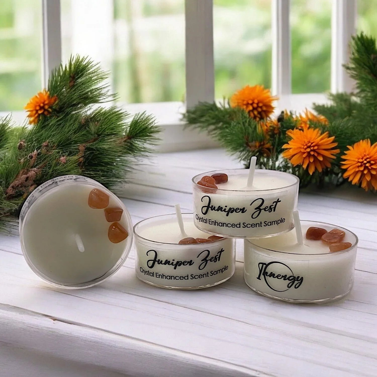 Clear glass tea light holder with white coconut-soy wax candle, crystal accent - House of Avana