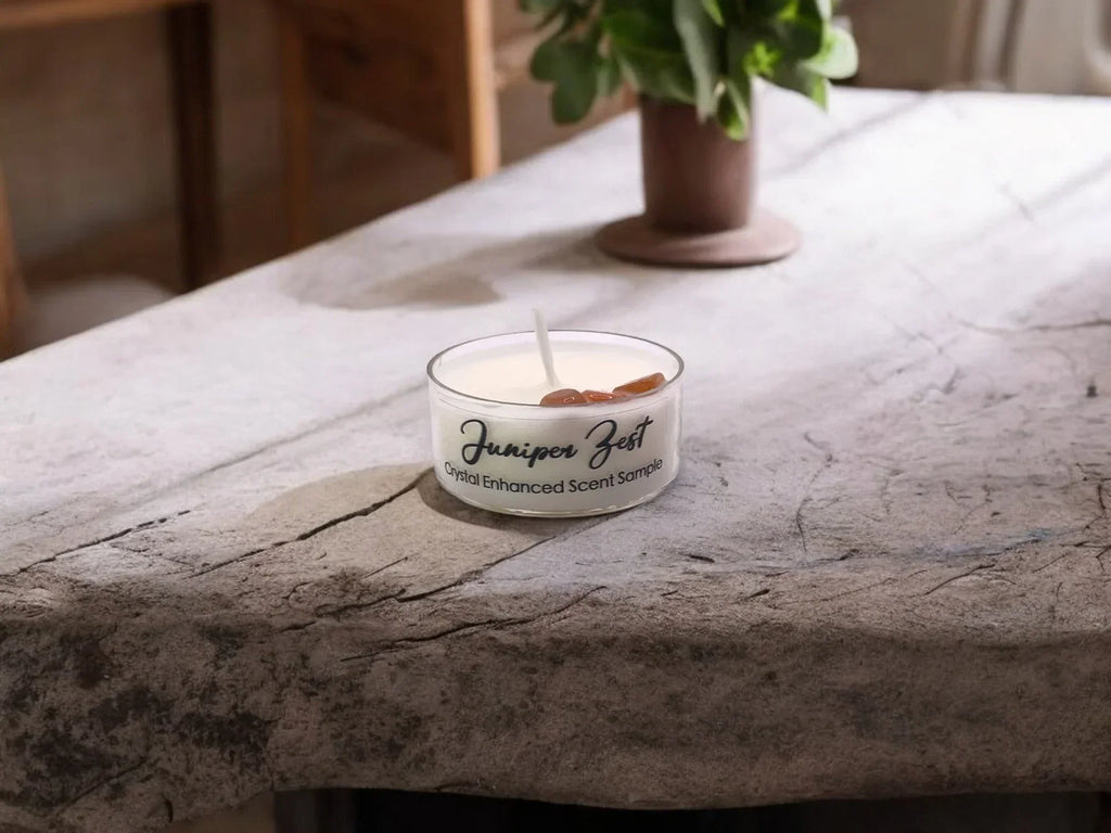 Juniper Zest, Premium Coconut-soy Wax Tea Light Crystal Candle, 1oz, side view - House Of Avana
