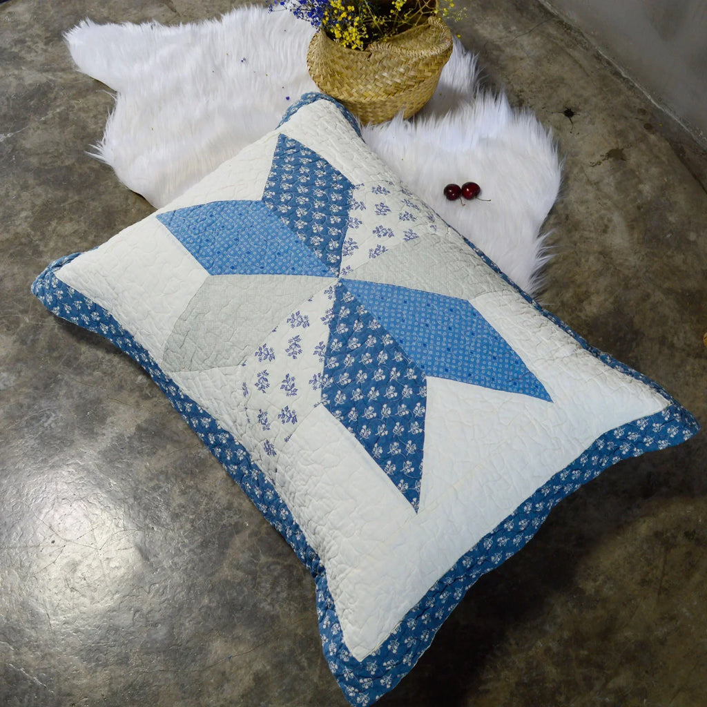 Kasentex 100% Cotton Summer Diamond Blue Patchwork Quilt King Size Pillow Sham, Boho Style, Motif Blue and Ivory, Room Decor, Graduation Gifts