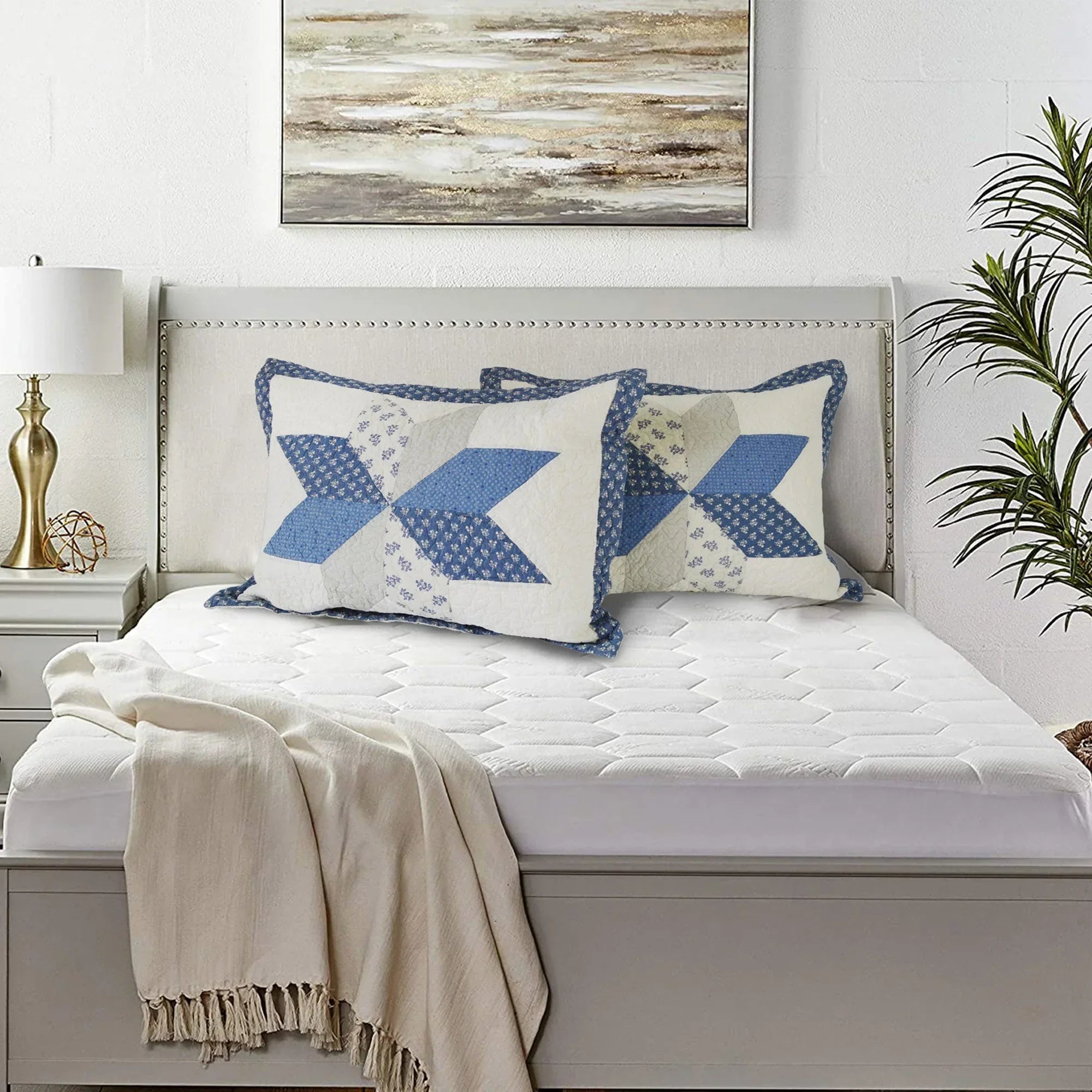Kasentex 100% Cotton Summer Diamond Blue Patchwork Quilt King Size Pillow Sham, Boho Style, Motif Blue and Ivory, Room Decor, Graduation Gifts