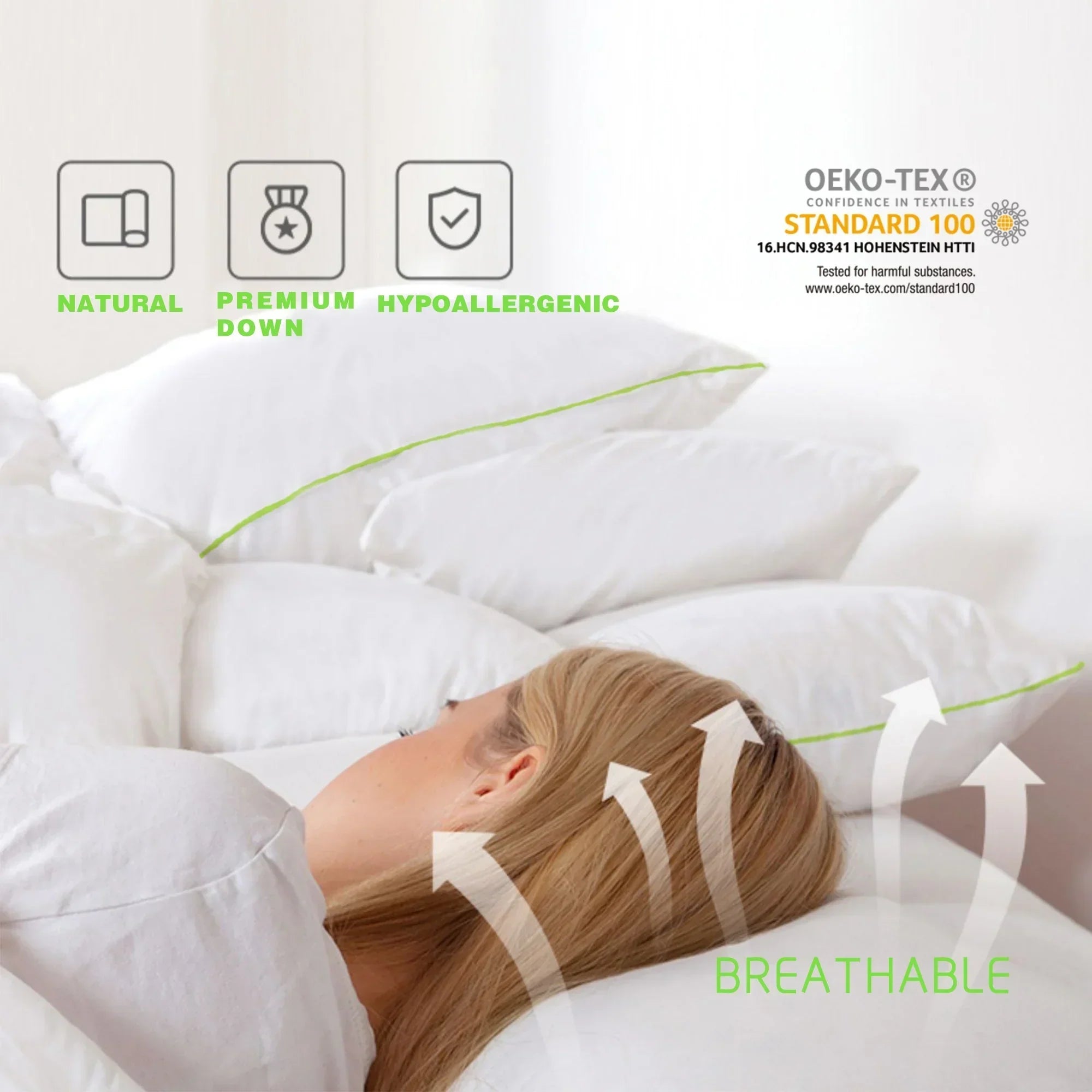 Kasentex Silky Green Piped Edge Goose Down Feather Pillow Set, White